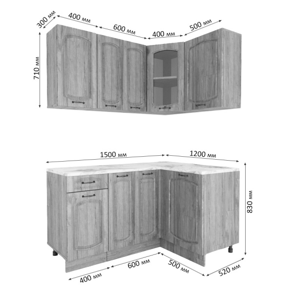 Кухня УГЛОВАЯ  Равенна Сосна лофт / Дуб светлый (столеш Этория, без мойки) 1,5м.
